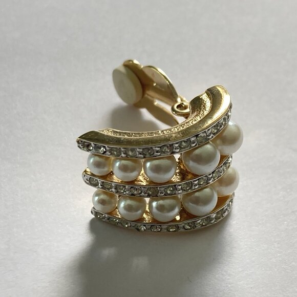 VTG Carolee Earrings Rhinestone Clip Statement Wedding Simulated Diamond Pearls - Picture 3 of 12